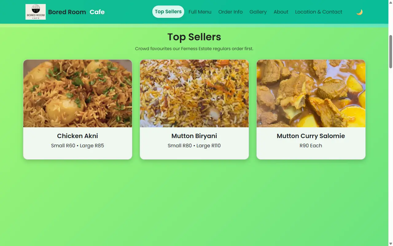 Bored Room Cafe — menu page