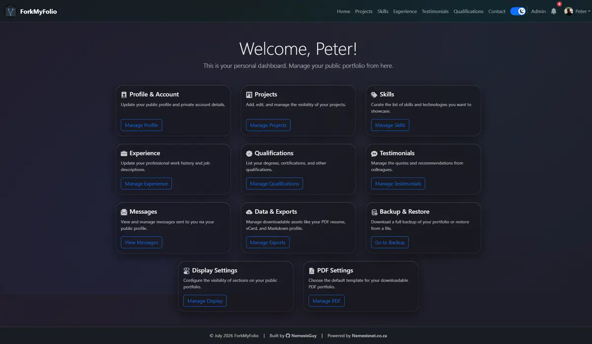 Admin dashboard with management cards