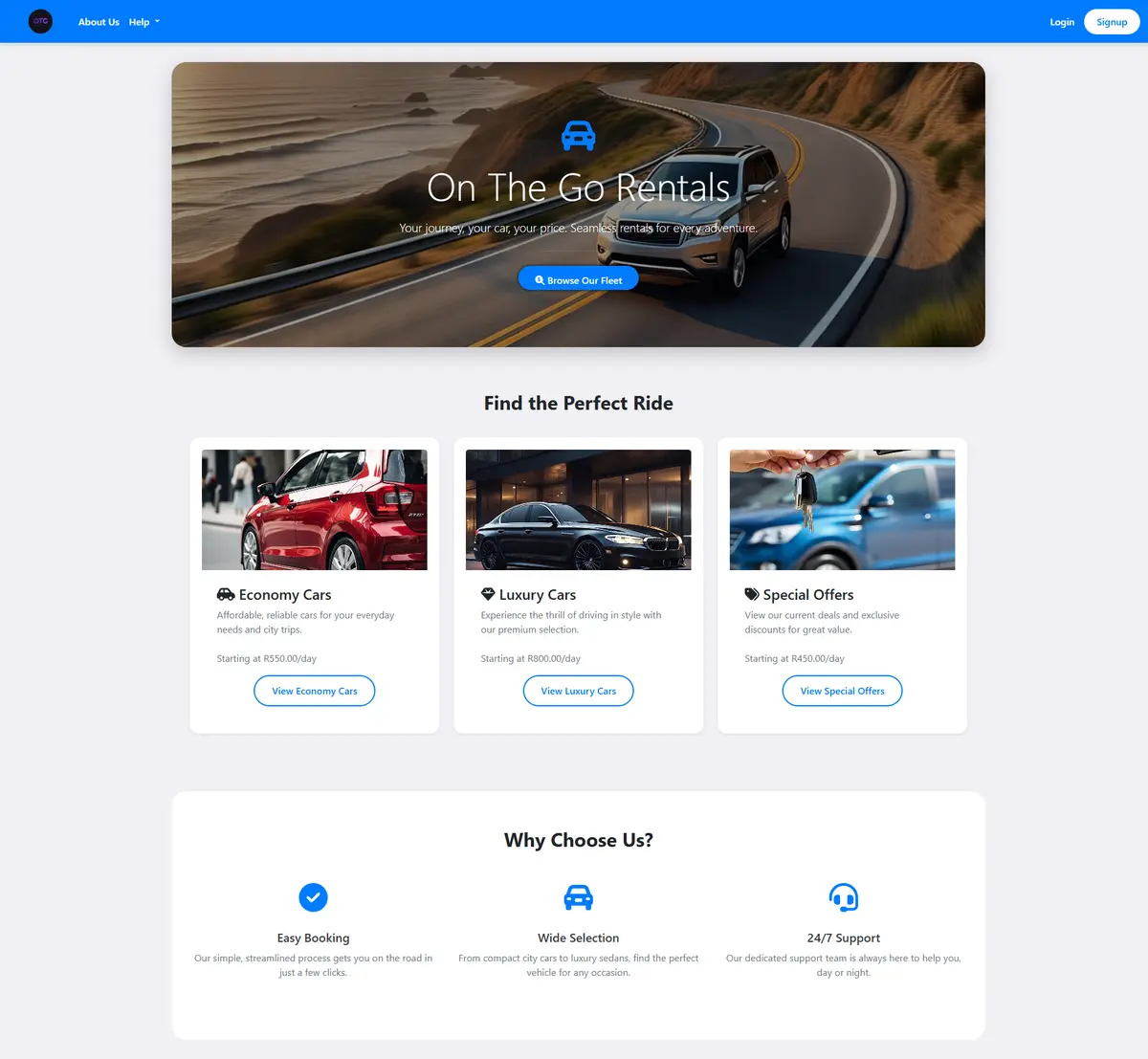 OnTheGoRentals homepage with car categories