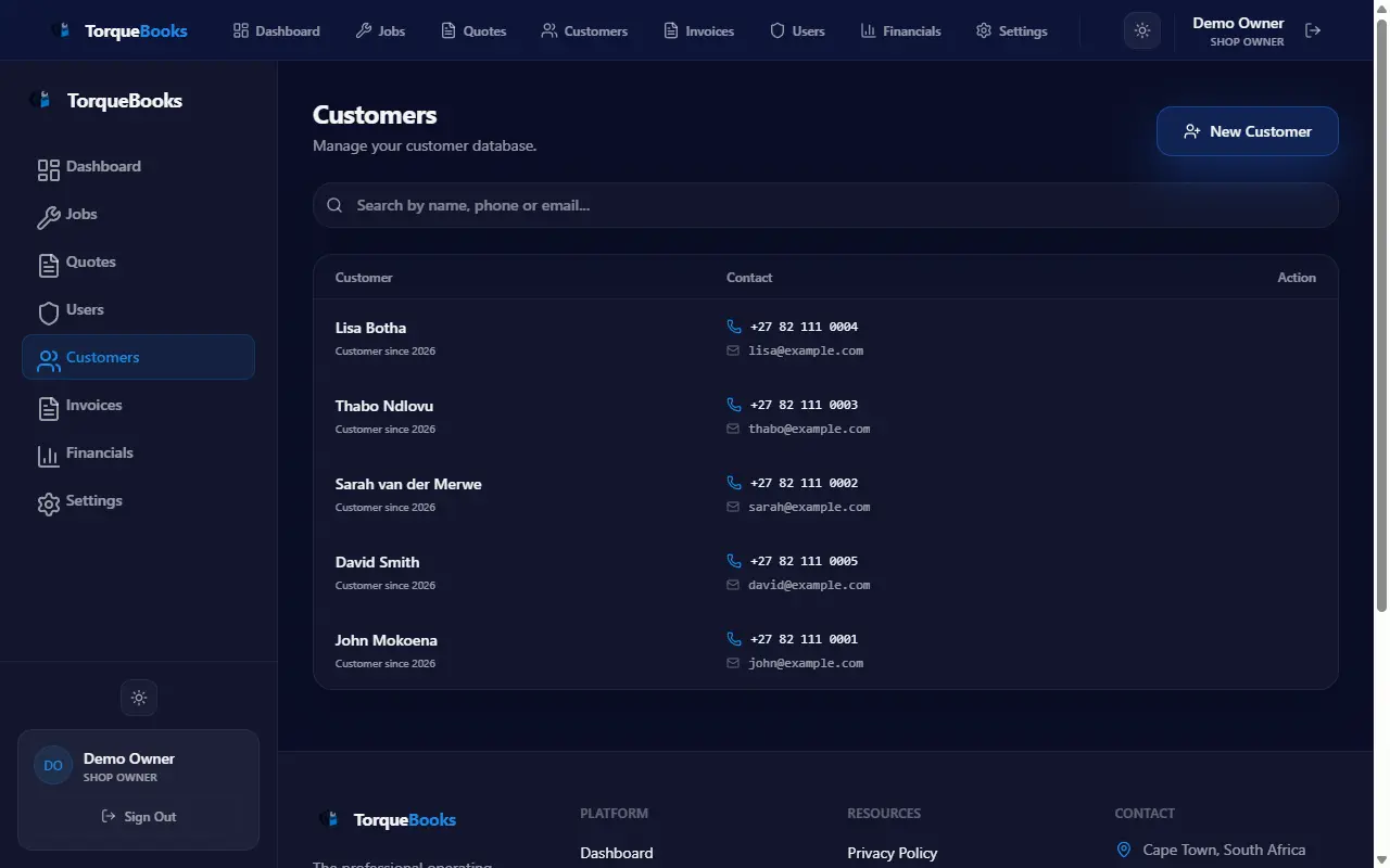 TorqueBooks — customer CRM